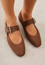 Jasnobrązowe Balerinki Vices ze Skórzaną Wkładką i Szerokim Paskiem ze Sprzączką Rilucea. Brązowe balerinki damskie Born2be, bez wzorów, z jeansu. Za 69.99 zł.