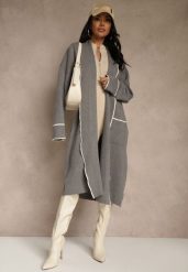 Szary Niezapinany Kardigan o Długim Kroju z Lamówką Venisse. Szare kardigany damskie Renee, bez wzorów, z jeansu. Za 129.99 zł.