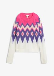Sweter z grubej dzianiny we wzór Fair Isle. Białe swetry klasyczne damskie bonprix, z dzianiny, bez kołnierzyka. Za 129.99 zł.