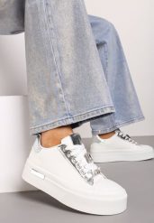 Biało-Srebrne Sneakersy na Grubej Podeszwie z Metalicznymi Wstawkami i Cyrkoniami Himaria. Białe obuwie sportowe damskie Born2be, z jeansu, bez zapięcia. Za 89.99 zł.