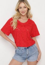 Czerwony Klasyczny Ażurowy T-shirt z Krótkim Rękawem Ninnia. Czerwone t-shirty damskie Born2be, xl, w ażurowe wzory, z jeansu, bez kołnierzyka. Za 39.99 zł.