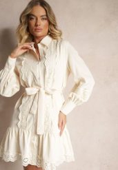 Jasnobeżowa Sukienka Koszulowa z Wiskozy z Bawełną Ozdobiona Paskiem i Koronką Korresil. Brązowe sukienki damskie Renee, z aplikacjami, z bawełny, eleganckie, bez ramiączek. W wyprzedaży za 107.99 zł.