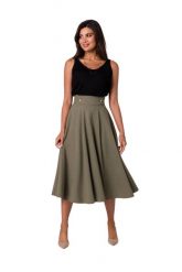 Rozkloszowana spódnica z wysokim stanem i kieszeniami khaki. Brązowe spódnice damskie Bewear, xxl, bez wzorów, eleganckie, midi. Za 319.00 zł.