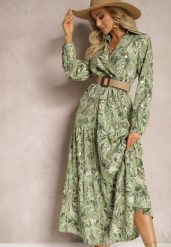 Jasnozielona Sukienka Maxi z Kołnierzykiem i Plecionym Paskiem Pertitus. Zielone sukienki damskie Renee, z aplikacjami, eleganckie, bez ramiączek. W wyprzedaży za 119.99 zł.