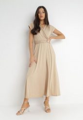 Beżowa Sukienka Kopertowa Chloriera. Brązowe sukienki damskie Born2be, bez wzorów, z tkaniny, eleganckie, bez ramiączek. W wyprzedaży za 127.49 zł.