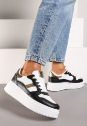 Czarno-Białe Sneakersy za Kostkę z Imitacji Skóry ze Sznurowaniami i Perforacją Uzimena. Czarne obuwie sportowe damskie Born2be, z materiału, za kostkę, bez zapięcia. Za 84.99 zł.