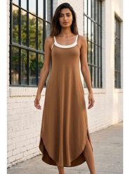 SOULSHAE Sukienka w kolorze jasnobrązowym rozmiar: XXL/3XL. Brązowe sukienki damskie SOULSHAE, bez wzorów, z wiskozy, bez ramiączek. Za 129.95 zł.