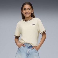 Młodzieżowa koszulka Essentials ze zwierzęcym wzorem o luźnym kroju PUMA. Biała bluzki damskie Puma, m, bez wzorów, eleganckie, bez kołnierzyka, bez ramiączek. Za 99.00 zł.