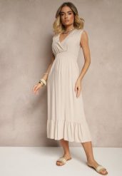 Beżowa Kopertowa Sukienka z Wiskozy Zdobiona Falbanką Ularisela. Brązowe sukienki damskie Renee, z aplikacjami, z wiskozy, eleganckie, bez ramiączek. W wyprzedaży za 55.99 zł.
