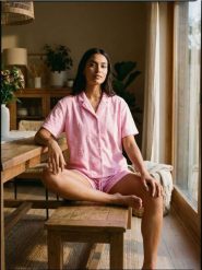 Piżama dwuczęsciowa z motywem kwiatowym - różowy. Czerwone piżamy damskie Sinsay, bez wzorów, bez ramiączek. Za 59.99 zł.