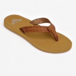 Japonki damskie Roxy Porto. Brązowe klapki damskie Roxy, bez wzorów, ze skóry, bez obcasa, bez zapięcia. Za 139.99 zł.