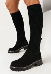 Czarne Kozaki z Elastyczną Cholewką przed Kolano Marianes. Czarne kozaki damskie Born2be, z dzianiny, przed kolano, bez obcasa, na obcasie, bez zapięcia. Za 159.99 zł.