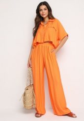 Pomarańczowy Wiskozowy Komplet 2-Częściowy Luźna Koszula Spodnie z Szerokimi Nogawkami Ulvitela. Brązowe koszule damskie Born2be, bez wzorów, z wiskozy, eleganckie, bez kołnierzyka, bez ramiączek. Za 159.99 zł.