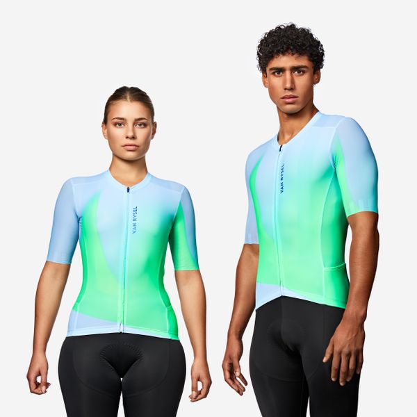 Koszulka rowerowa szosowa Van Rysel Racer 2 LTD. Niebieskie koszulki damskie VAN RYSEL, m, bez wzorów, z elastanu, bez kołnierzyka, bez ramiączek. W wyprzedaży za 159.99 zł.