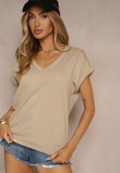 Beżowy Bawełniany T-shirt z Dekoltem w Serek Lireave. Brązowe t-shirty damskie Renee, s, bez wzorów, z bawełny, bez kołnierzyka. Za 39.99 zł.