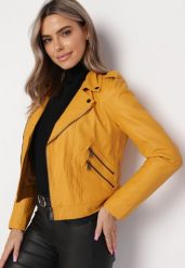 Żółta Kurtka Ramoneska z Klapami z Imitacji Skóry Anesma. Żółte kurtki damskie Born2be, xs, bez wzorów, z materiału, bez kaptura. Za 49.99 zł.