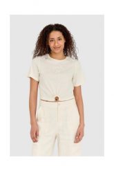 GUESS Kremowy t-shirt damski cropped fit piercing. Brązowe t-shirty damskie Guess, s, z aplikacjami, z bawełny, bez kołnierzyka. W wyprzedaży za 149.99 zł.