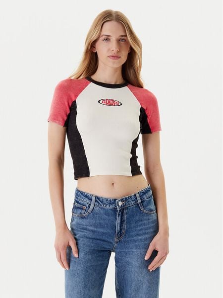 Guess T-Shirt W5YR44 Z2YJ2 Écru Regular Fit. T-shirty damskie Guess, m, z aplikacjami, z wiskozy, bez kołnierzyka. Za 219.99 zł.