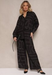 Czarny Komplet z Wiskozy Zdobiony Geometrycznym Printem Koszula i Spodnie Hanovin. Czarne koszule damskie Renee, na lato, l, z aplikacjami, z tkaniny, eleganckie, bez kołnierzyka, bez ramiączek. Za 99.99 zł.