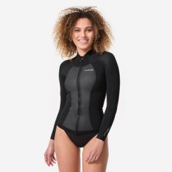 Kurtka surfingowa damska Olaian 900 z neoprenu 1,5 mm. Czarne kurtki damskie OLAIAN, s, bez wzorów, z neoprenu, bez kaptura. Za 219.99 zł.