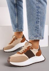 Brązowe Sneakersy przed Kostkę na Platformie z Ozdobnymi Wstawkami Benace. Brązowe obuwie sportowe damskie Renee, z materiału, przed kostkę, bez zapięcia. Za 89.99 zł.