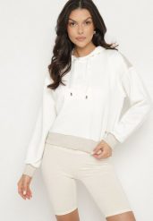 Biała Bluza z Kapturem Metaliczną Nitką i Ściągaczami Ulinisa. Białe bluzy damskie Born2be, l, bez wzorów, z jeansu, z kapturem. Za 79.99 zł.