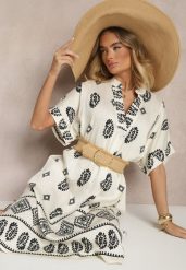 Czarno-Kremowa Sukienka z Wiskozy w Stylu Boho o Pudełkowym Kroju z Rozcięciami Virbia. Czarne sukienki damskie Renee, bez wzorów, z wiskozy, boho, bez ramiączek. W wyprzedaży za 75.99 zł.
