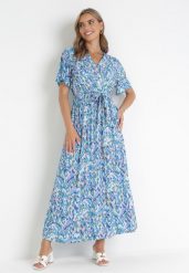 Niebieska Sukienka Maxi z Gumką w Pasie i Metaliczną Nitką Nuccio. Niebieskie sukienki damskie Born2be, bez wzorów, z materiału, bez ramiączek. Za 119.99 zł.