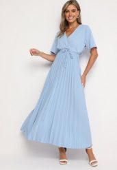 Niebieska Sukienka Plisowana Maxi z Wiązanym Paskiem Dianiza. Niebieskie sukienki damskie Born2be, bez wzorów, z materiału, bez ramiączek. Za 139.99 zł.