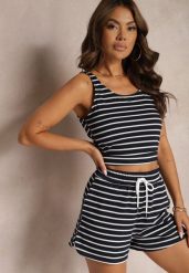 Granatowe Szorty Dresowe High Waist z Bawełny w Paski Ściągane Troczkiem Celisea. Niebieskie szorty damskie Renee, bez wzorów, z bawełny, z podwyższonym stanem. Za 59.99 zł.