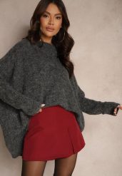 Bordowe Spódnico-Szorty High Waist z Rozcięciem Vikone. Czerwone szorty damskie Renee, bez wzorów, z podwyższonym stanem. Za 49.99 zł.