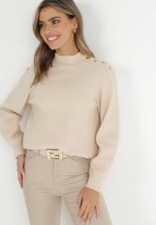 Jasnobeżowy Sweter Dzianinowy z Długim Rękawem i Guzikami Omes. Brązowe swetry klasyczne damskie Born2be, z dzianiny, bez kołnierzyka. Za 129.99 zł.