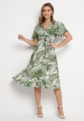 Ciemnozielona Kopertowa Sukienka z Bawełną o Rozkloszowanym Kroju z Paskiem Aulinea. Zielone sukienki damskie Born2be, bez wzorów, z bawełny, eleganckie, bez ramiączek. Za 79.99 zł.