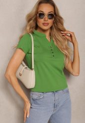 Zielony Bawełniany T-shirt z Guzikami przy Dekolcie Wialina. Zielone t-shirty damskie Renee, m, bez wzorów, z bawełny, bez kołnierzyka. Za 39.99 zł.