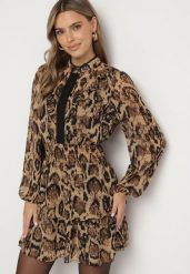 Brązowa Rozkloszowana Sukienka ze Stójką i Falbankami w Panterkowy Wzór Labinora. Brązowe sukienki damskie Born2be, bez wzorów, eleganckie, bez ramiączek. W wyprzedaży za 144.49 zł.