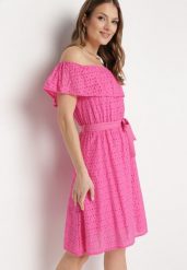 Fuksjowa Sukienka Hiszpanka z Ozdobnym Haftem i Paskiem w Talii Perenna. Czerwone sukienki damskie Born2be, bez wzorów, eleganckie, bez ramiączek. Za 109.99 zł.