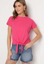 Różowy T-shirt z Bawełny z Ozdobnym Wiązaniem Sunitra. Czerwone t-shirty damskie Born2be, l, bez wzorów, z bawełny, bez kołnierzyka. Za 29.99 zł.