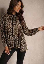 Beżowa Panterkowa Koszula Wiązana pod Szyją Nevlore. Brązowe koszule damskie Renee, m, bez wzorów, eleganckie, bez kołnierzyka, bez ramiączek. Za 119.99 zł.