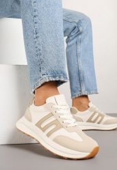 Beżowe Sneakersy Ozdobione Geometrycznym Wzorem Eldvisa. Brązowe obuwie sportowe damskie Renee, z jeansu, bez zapięcia. Za 89.99 zł.