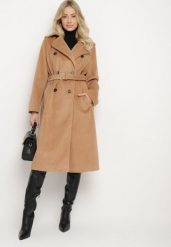 CIemnobeżowy Długi Dwurzędowy Płaszcz z Paskiem Senoriel. Brązowe płaszcze damskie Born2be, na zimę, xl, bez wzorów, z jeansu, bez kaptura. Za 149.99 zł.