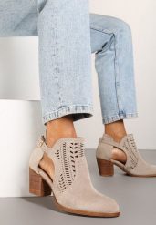 Jasnobeżowe Ażurowe Botki Vices na Słupku w Stylu Kowbojek Ozdobione Wycięciem Isfedi. Brązowe botki damskie Renee, z jeansu, eleganckie, bez obcasa, na obcasie, bez zapięcia. Za 129.99 zł.