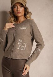 Ciemnobeżowy Kardigan z Wełną na Guziki z Haftowanym Wzorem Nelyra. Brązowe kardigany damskie Renee, uniwersalny, bez wzorów, z jeansu. Za 159.99 zł.