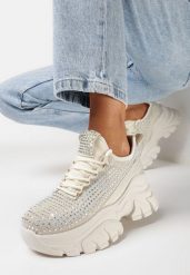 Beżowe Sneakersy na Grubej Podeszwie Ozdobione Cyrkoniami Nallua. Brązowe obuwie sportowe damskie Born2be, bez zapięcia, trekkingowe. Za 99.99 zł.