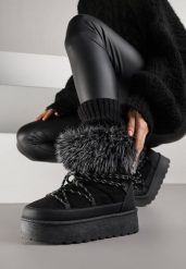 Czarne Śniegowce na Platformie Ozdobione Futerkiem Teswena. Czarne śniegowce damskie Renee, z jeansu. Za 109.99 zł.