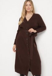 Brązowa Sukienka na Guziki z Prążkowanej Dzianiny z Dodatkiem Wełny Nalisea. Brązowe sukienki damskie Born2be, bez wzorów, z dzianiny, klasyczne, bez ramiączek. Za 169.99 zł.