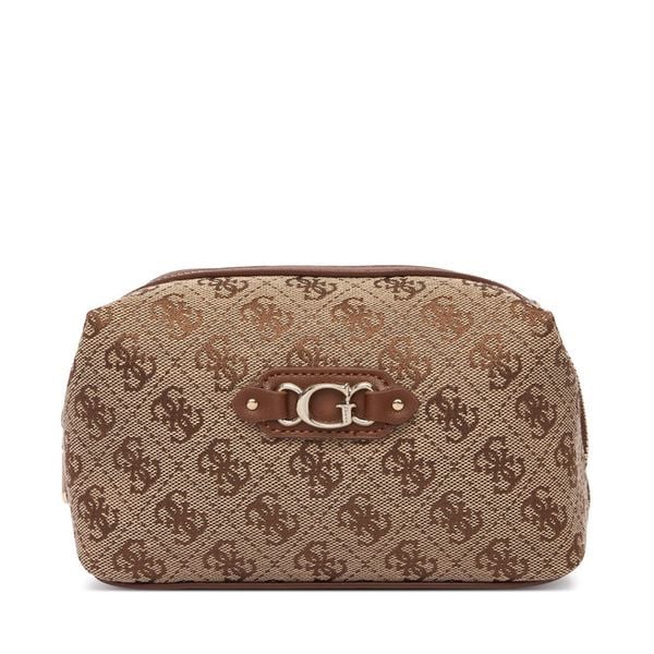 Kosmetyczka Guess. Brązowe kosmetyczki damskie Guess, z aplikacjami, z materiału. Za 214.99 zł.