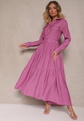 Fioletowa Rozkloszowana Sukienka z Wiskozy z Guzikami i Paskiem Ronesa. Fioletowe sukienki damskie Renee, bez wzorów, z wiskozy, eleganckie, bez ramiączek. W wyprzedaży za 119.99 zł.