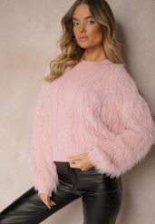 Różowy Sweter o Futrzanym Wykończeniu z Wełną Meriaune. Czerwone swetry klasyczne damskie Renee, na zimę, z futra, bez kołnierzyka. Za 54.99 zł.