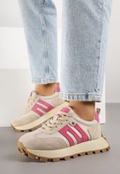 Beżowo-Fuksjowe Skórzane Sneakersy z Geometrycznym Motywem Melussea. Brązowe obuwie sportowe damskie Born2be, na wiosnę, z jeansu, bez zapięcia. Za 259.99 zł.