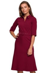 Elegancka sukienka koszulowa z kołnierzykiem i paskiem w talii bordowa. Czerwone sukienki damskie Stylove, bez wzorów, biznesowe, bez ramiączek. Za 329.00 zł.